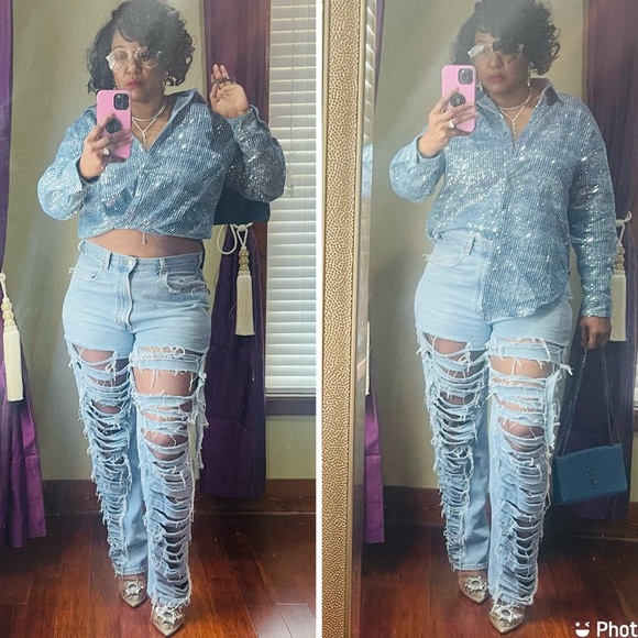 Denim Sequin Blouse - Picture 7 of 7